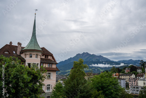 Elevated view of Lucerne historic old town and lake after rain, Switzerland