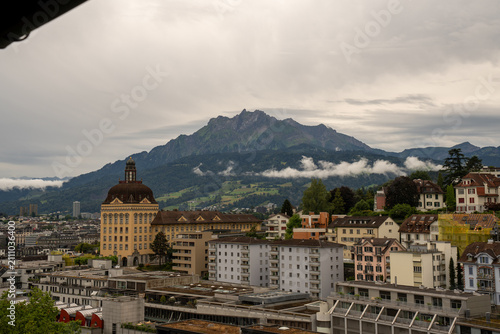 Elevated view of Lucerne historic old town and lake after rain, Switzerland