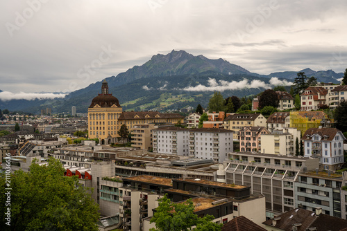 Elevated view of Lucerne historic old town and lake after rain, Switzerland