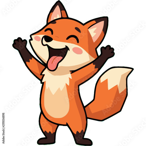 Cheerful Cute Fox Character Illustration Featuring a Happy Playful Animal Expression with Arms Raised in a Joyful Celebration Pose