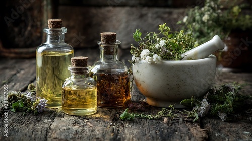 Natural herbal essential oils with mortar and pestle on wood