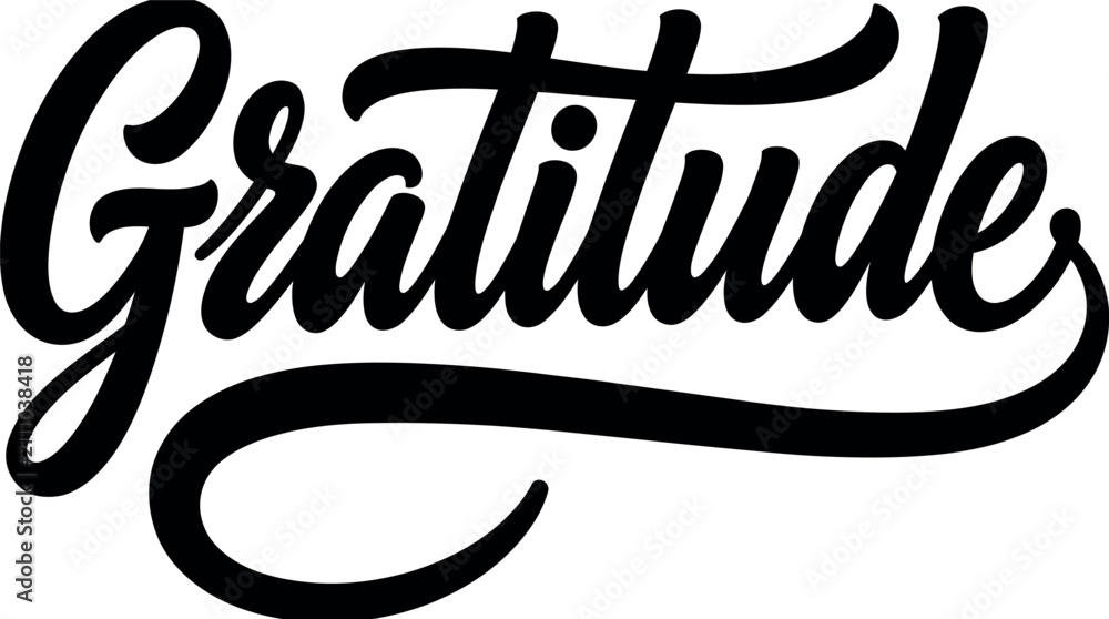 Obraz premium Elegant black ink brush script typography featuring the word gratitude isolated on a clean white background for creative design