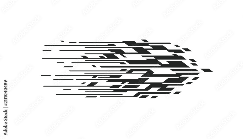 Fototapeta premium Dynamic black abstract geometric shapes and speed lines forming a fast-moving arrow pointing to the right.