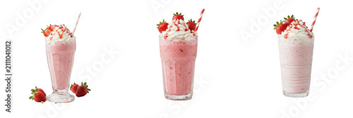 Fotografía Strawberry milkshake PNG set, delicious pink smoothies with whipped cream, straw