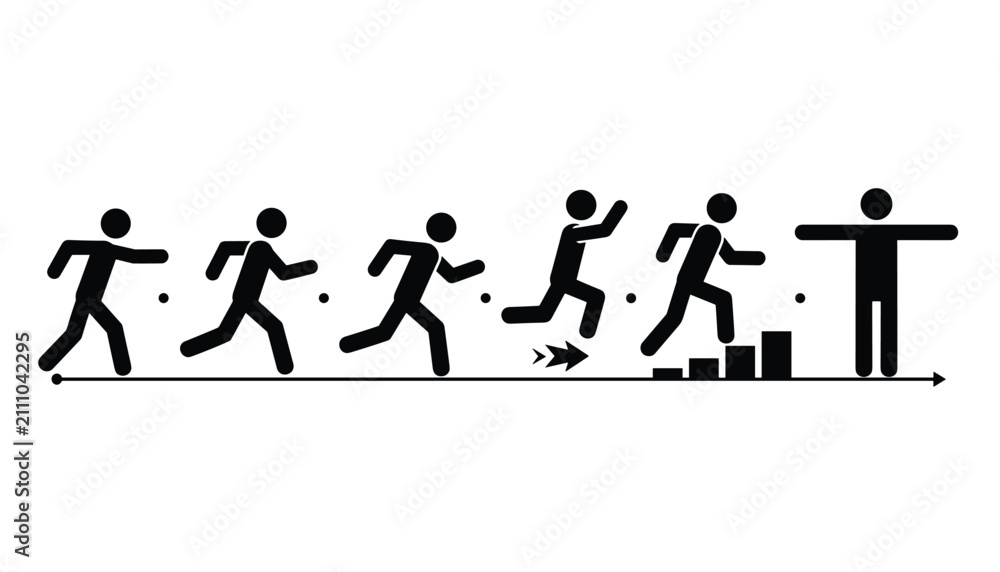Fototapeta premium Stick figure progress infographic demonstrating steps of running, jumping, and climbing stairs to reach success and completion.