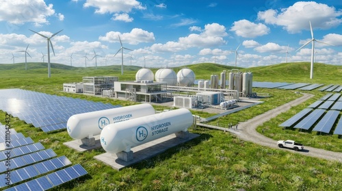 Green hydrogen production plant with wind turbines and solar panels
