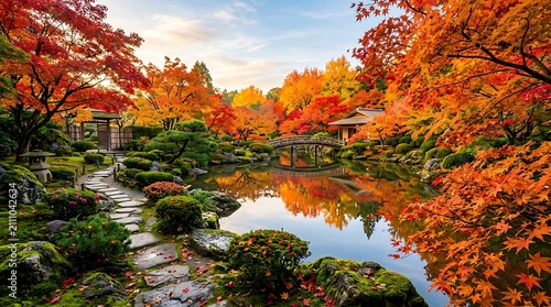 A serene japanese garden in autumn with vibrant red and orange maple trees, a stone path, and a wooden bridge over a reflective pond