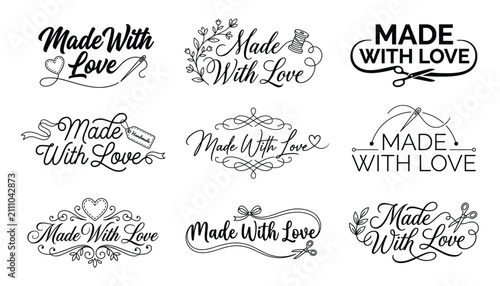 Foto Nine handcrafted 'Made With Love' decorative badges in black vector silhouette f