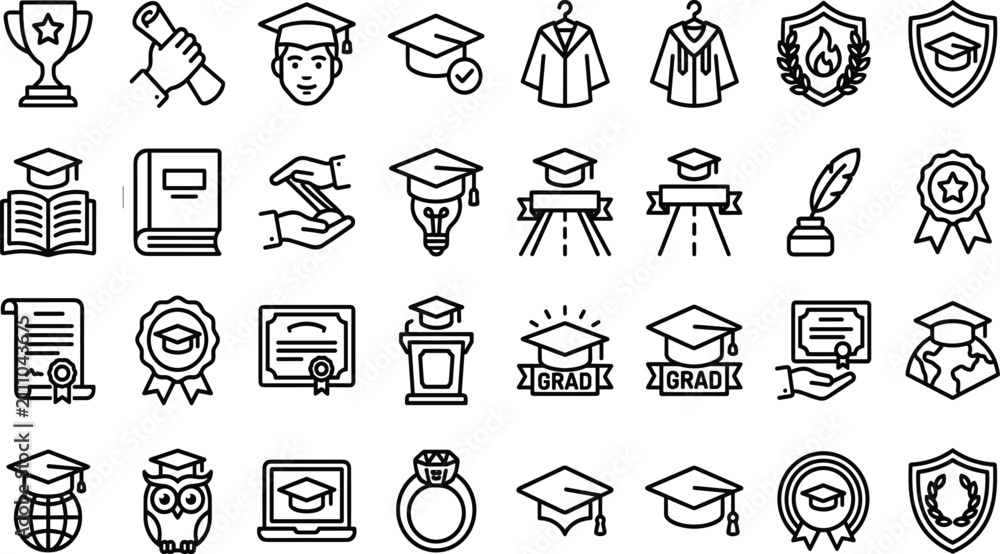 Fototapeta premium Graduation Ceremony and Academic Achievement Icon Set with Minimalist Line Art Outlines for University Apps and Higher Education Website Designs