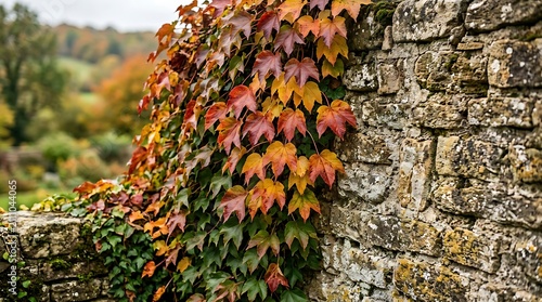Vibrant autumn ivy leaves climbing an old rustic stone wall in a garden