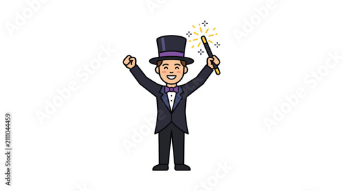 Foto Cartoon magician with wand and top hat.