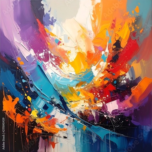 An abstract painting explodes with vibrant colors. Thick brushstrokes create movement, with hues of orange, blue, purple, and red