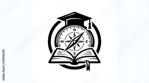 Education compass logo symbol with open book and graduation cap vector