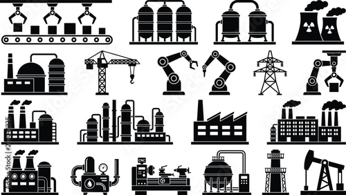Industrial and manufacturing icons set, factory and machinery symbols