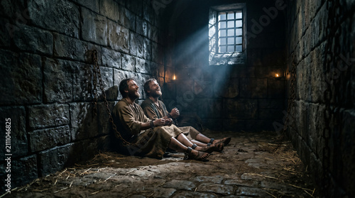 Apostles Paul and Silas praying and singing hymns in a dark, grimy prison cell just before a miraculous earthquake strikes