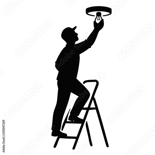 Man changing kitchen light bulb. Handyman or electrician on stepladder. Black and white vector silhouette isolated on transparent background