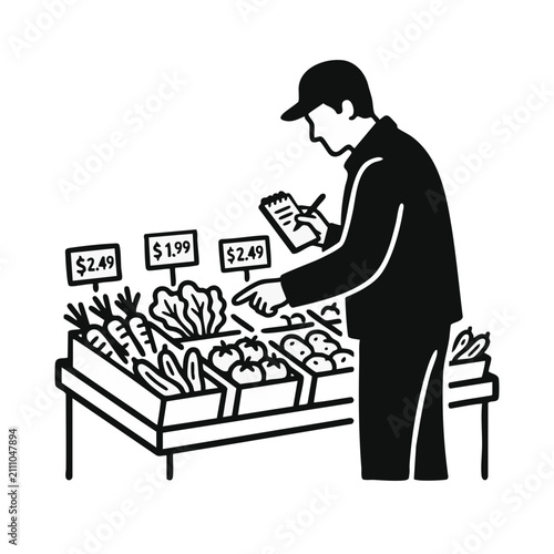 Man comparing vegetable prices at market stall. Grocery shopping and budgeting concept. Black and white vector illustration isolated