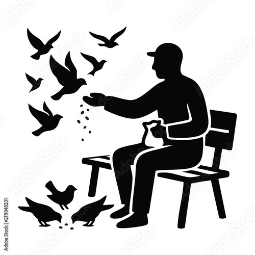 Man feeding birds on park bench. Silhouette vector illustration of outdoor leisure activity. Minimalist flat design isolated on transparent background