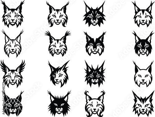 Collection of twelve black and white bobcat head silhouettes on a white background