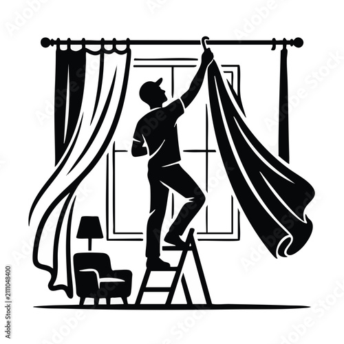 Man hanging curtains in living room. Silhouette vector illustration. Home improvement and interior design concept isolated on transparent background