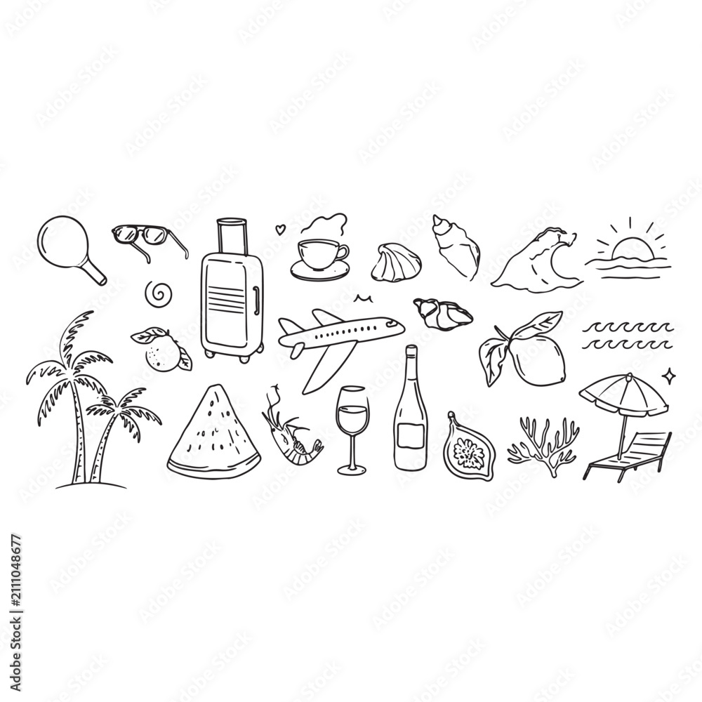 Obraz premium Mediterranean Summer Vacation Hand Drawn Vector Illustration Set with Mixed Media Collage, Watercolor Lemons, Palm Trees and Doodle Sketch Elements
