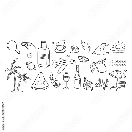 Mediterranean Summer Vacation Hand Drawn Vector Illustration Set with Mixed Media Collage, Watercolor Lemons, Palm Trees and Doodle Sketch Elements