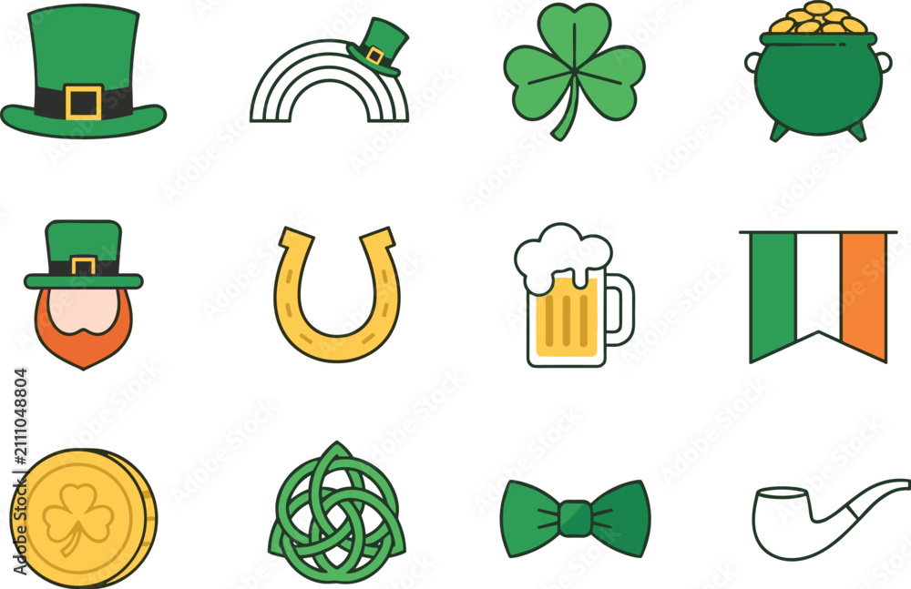 Obraz premium Saint Patricks Day Line Art Icon Set with Minimalist Green Hat Leprechaun Rainbow Flag and Shamrock Clover Vector Graphic Elements