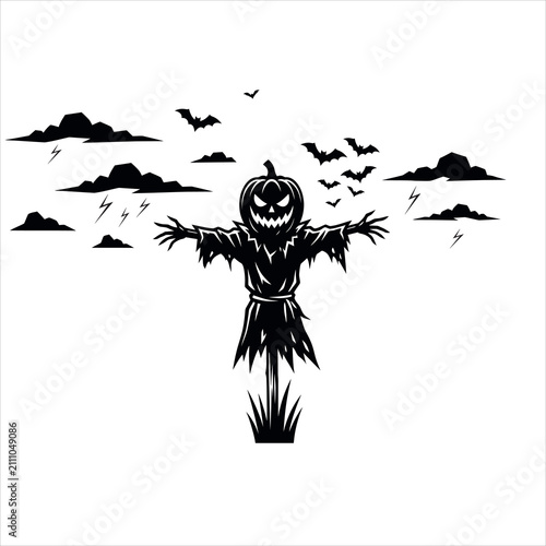 Fotografía A clean terrifying scarecrow black and white silhouette with a carved pumpkin head
