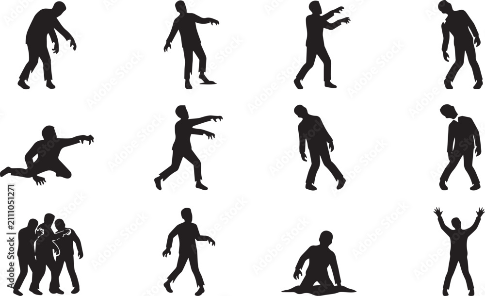 Obraz premium Set of twelve black silhouettes of zombies in various walking, crawling, and reaching poses on a white background, collection