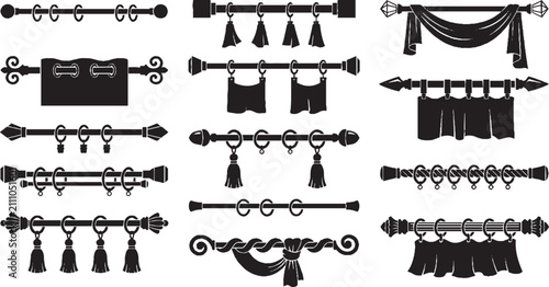 Canvas-taulu Curtain rod silhouettes with decorative finials and tie-backs on white backgroun