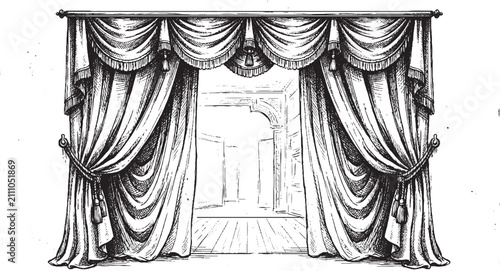 Photos Drapery with ornate tassels opening to reveal an architectural interior with arc