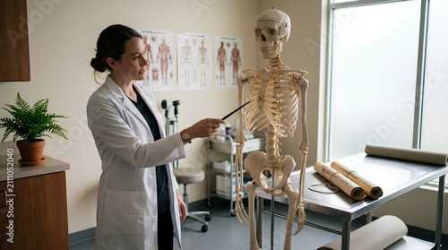 Female doctor pointing at anatomical skeleton model in medical office, with educational posters, examination table and equipment, providing healthcare education and consultation services to patients.