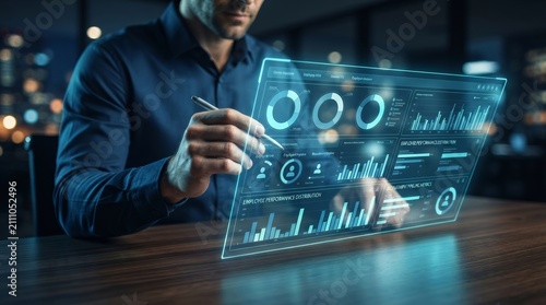 Business transformation through a workforce management system showing performance metrics and data visualization.