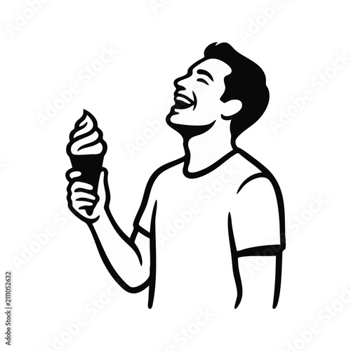 Man laughing with ice cream cone. Minimalist line art vector illustration of a happy person holding a dessert. Black and white graphic isolated on transparent background