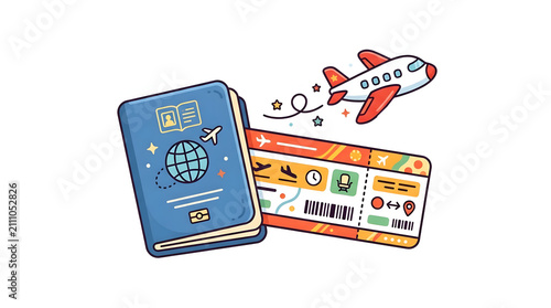 Colorful illustration of a travel passport and boarding pass with an airplane flying for vacation