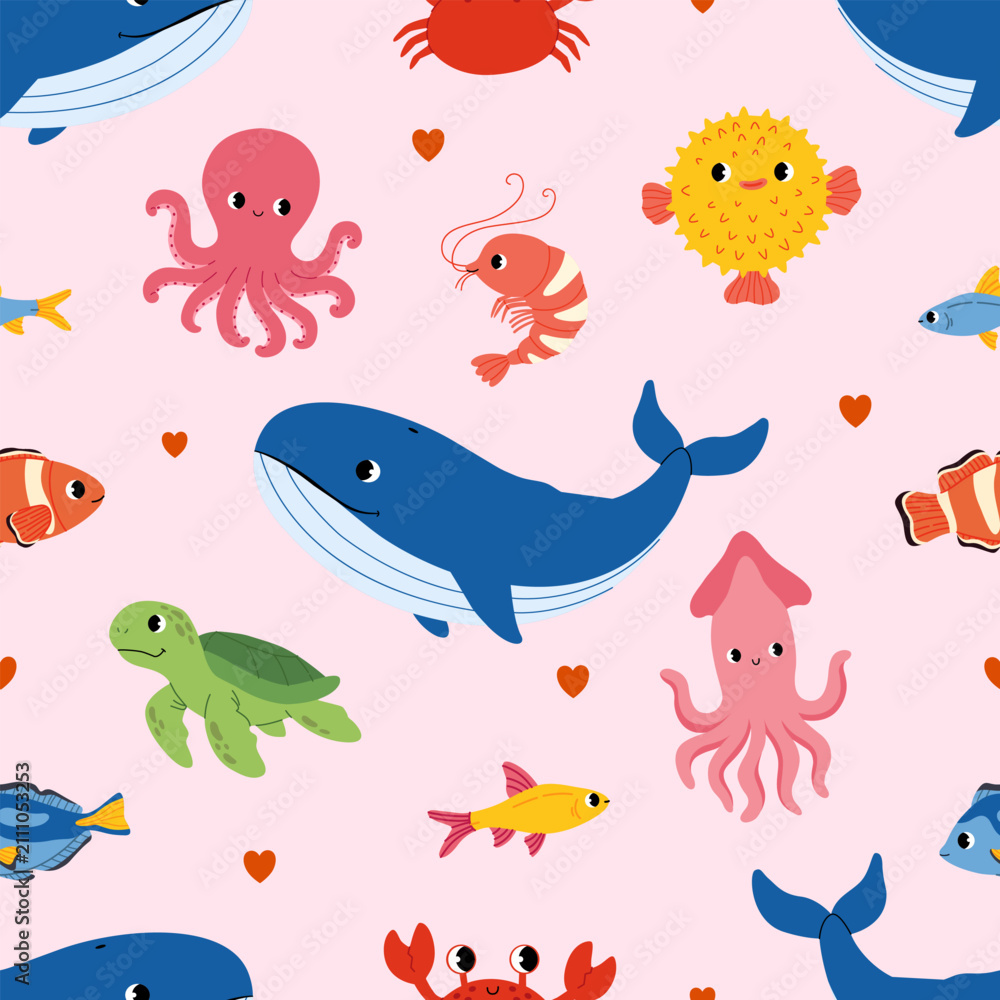 Obraz premium Sea animals seamless pattern. Whale,turtle, octopus, fish,squid, shrimp,crab and hearts . Underwater cute marine life. Flat design, vector illustration for kids.