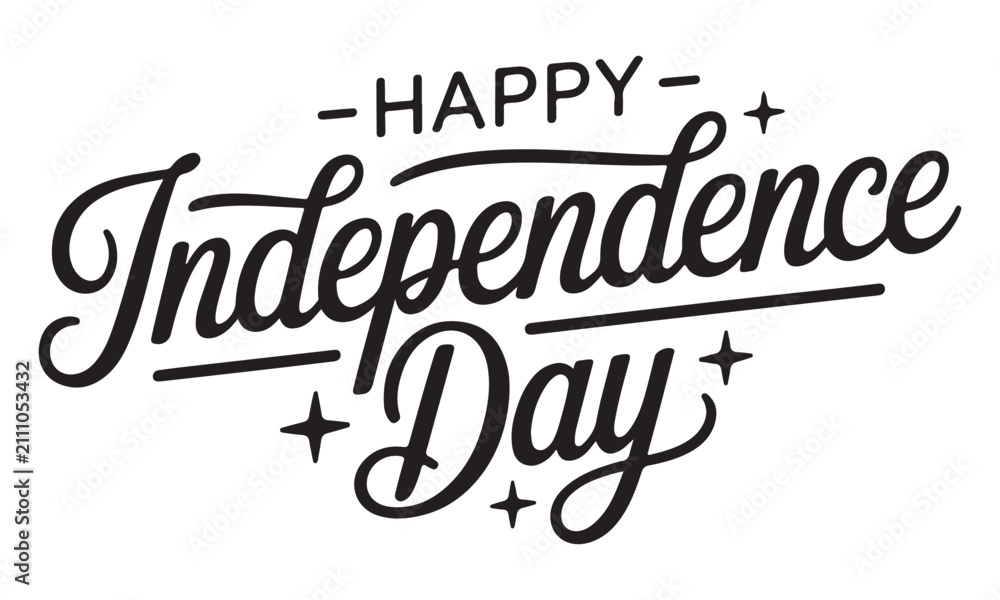 Fototapeta premium Independence Day text features elegant black cursive calligraphy with decorative stars on a clean white background, providing a festive design element for national holiday celebrations and banners.