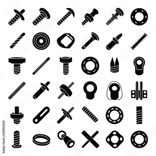Collection of various black and white mechanical fasteners and hardware parts isolated on transparent background