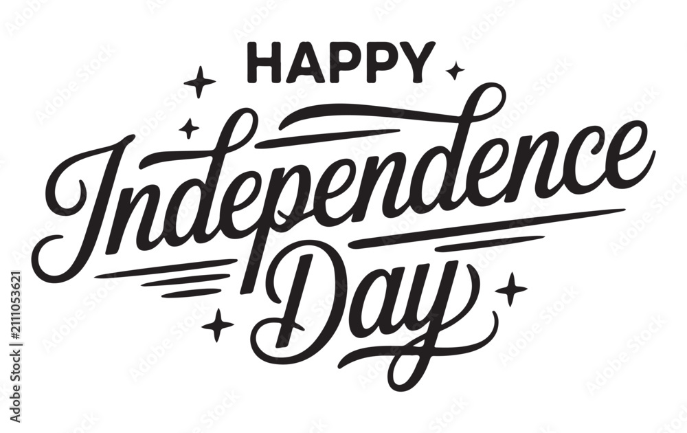 Obraz premium Independence Day text graphic features elegant black calligraphy script with decorative stars arranged symmetrically on a clean white background, creating a festive holiday greeting design element.