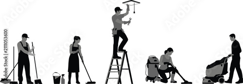 Photos Silhouettes of cleaning staff performing various tasks with equipment on white b