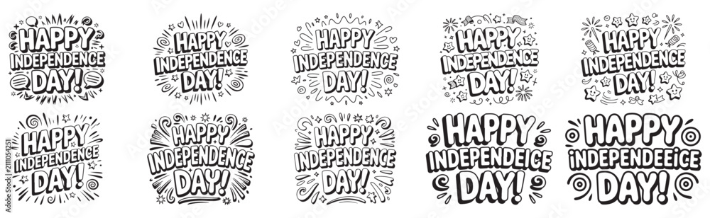 Obraz premium Happy Independence Day collection features ten unique typographic variations arranged in a grid to provide diverse options for holiday marketing materials and various social media promotional posts.
