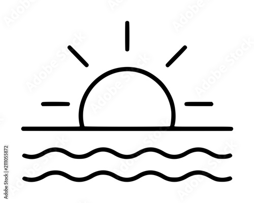 Obraz na płótnie A simple black line vector illustration of a sun setting over the ocean with wavy water lines, depicting a serene seascape, summer vacation, and nature scene in a minimalist style