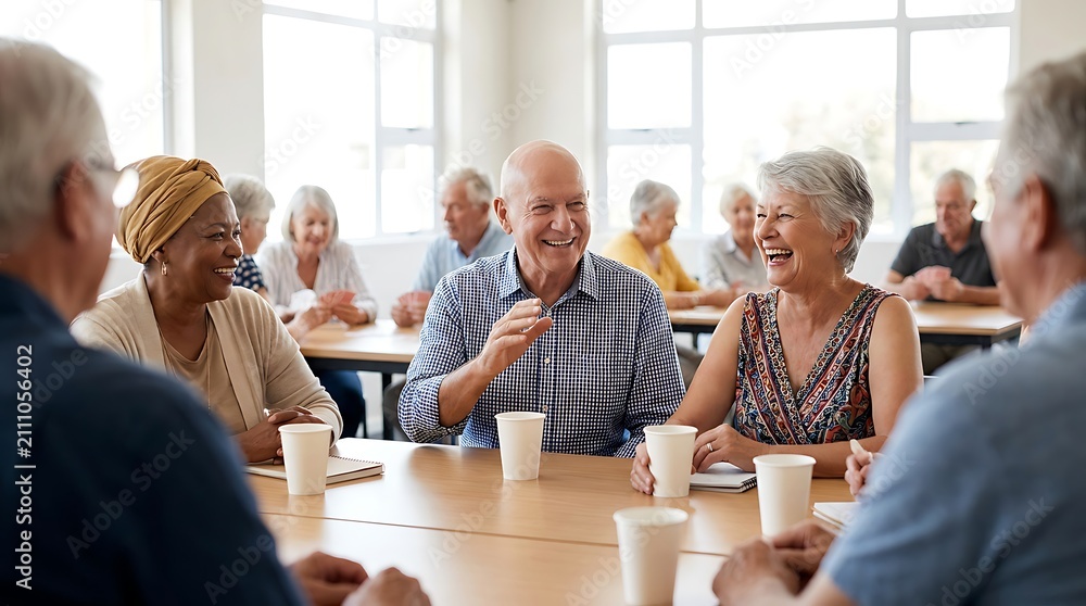 © Pixim Stock - Group of happy senior people talking together at community center while having coffee during social meeting and card game session indoors at table with bright natural light in room.