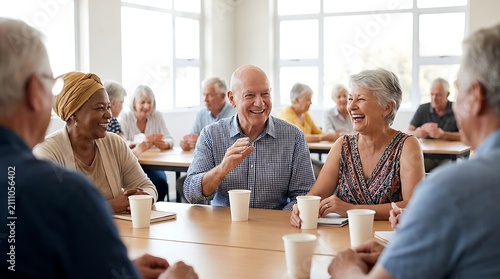 Group of happy senior people talking together at community center while having coffee during social meeting and card game session indoors at table with bright natural light in room.