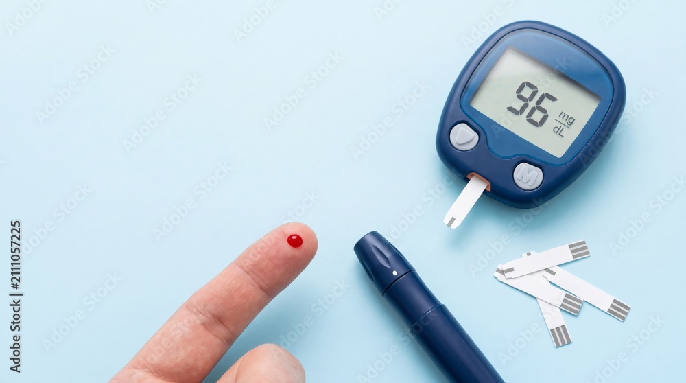 Fototapeta premium Diabetes management with glucose meter, lancing device, and blood test on blue background