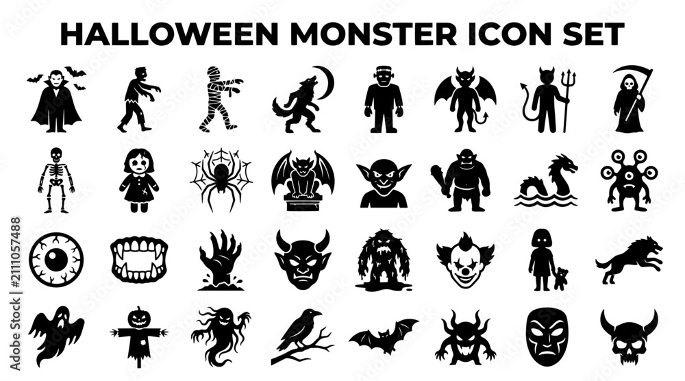 Fototapeta premium Halloween monster icon set. Vector collection of spooky creatures and horror characters.
