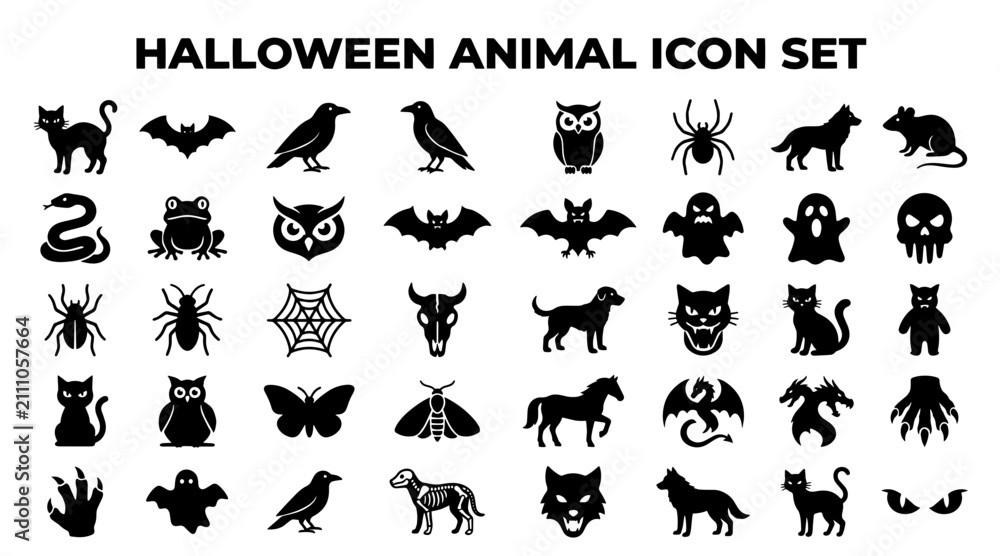 Fototapeta premium Halloween animal icon set. Vector collection of spooky creatures and holiday symbols.