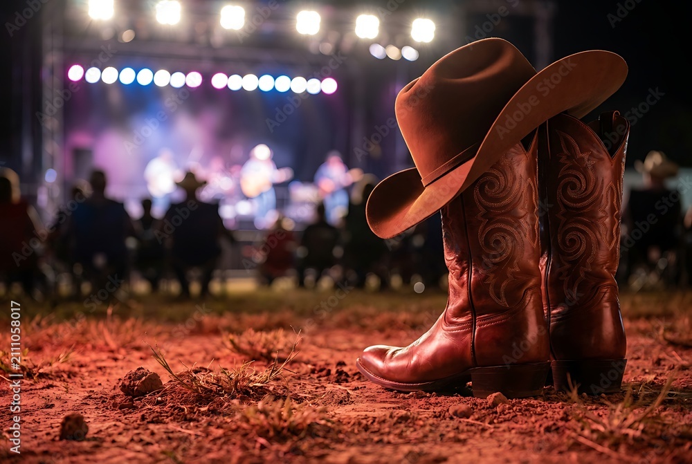Obraz premium Cowboy hat and boots on ground in front of concert stage and crowd at night western country music festival outdoor event with grass.