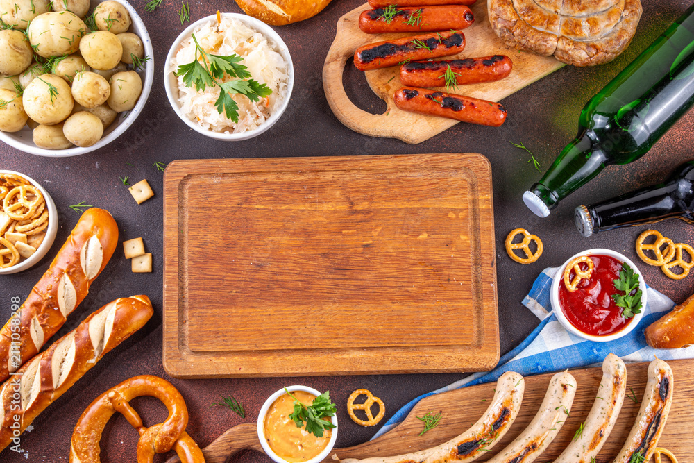 Fototapeta premium Oktoberfest picnic and barbecue food, Oktoberfest bavarian party menu