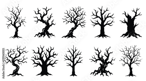 Dead tree silhouettes set, spooky bare tree branch vector icons